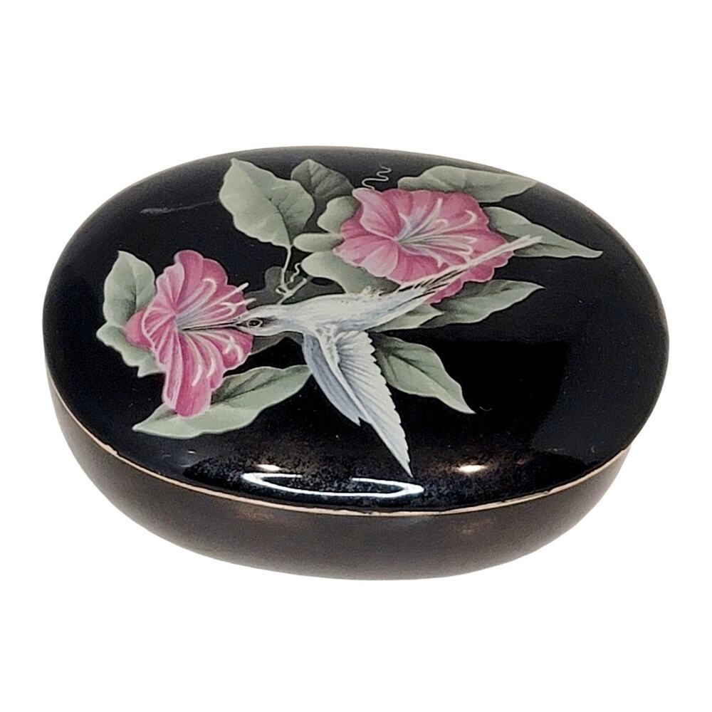 Vtg Otagiri Hummingbird Floral Black Porcelain Oval Lidded Trinket Box Japan